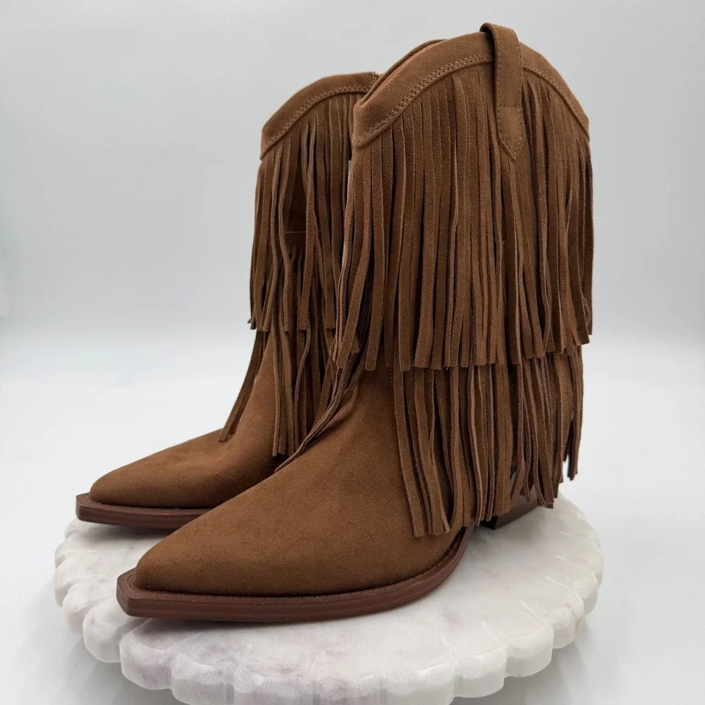 Universal Thread Austin Fringe Western Boots Cognac Brown Faux Suede Womens 7.5
